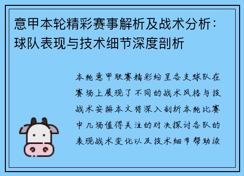 意甲本轮精彩赛事解析及战术分析：球队表现与技术细节深度剖析
